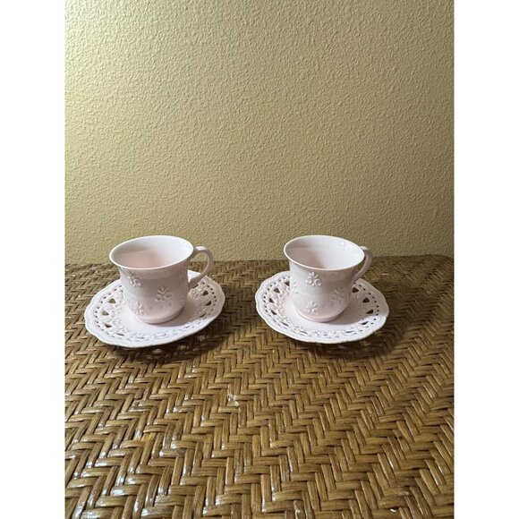 Flat Cup & Saucer Set Cream Lace by SKYE MCGHIE Pink Color Set Of 2 - Picture 1 of 6